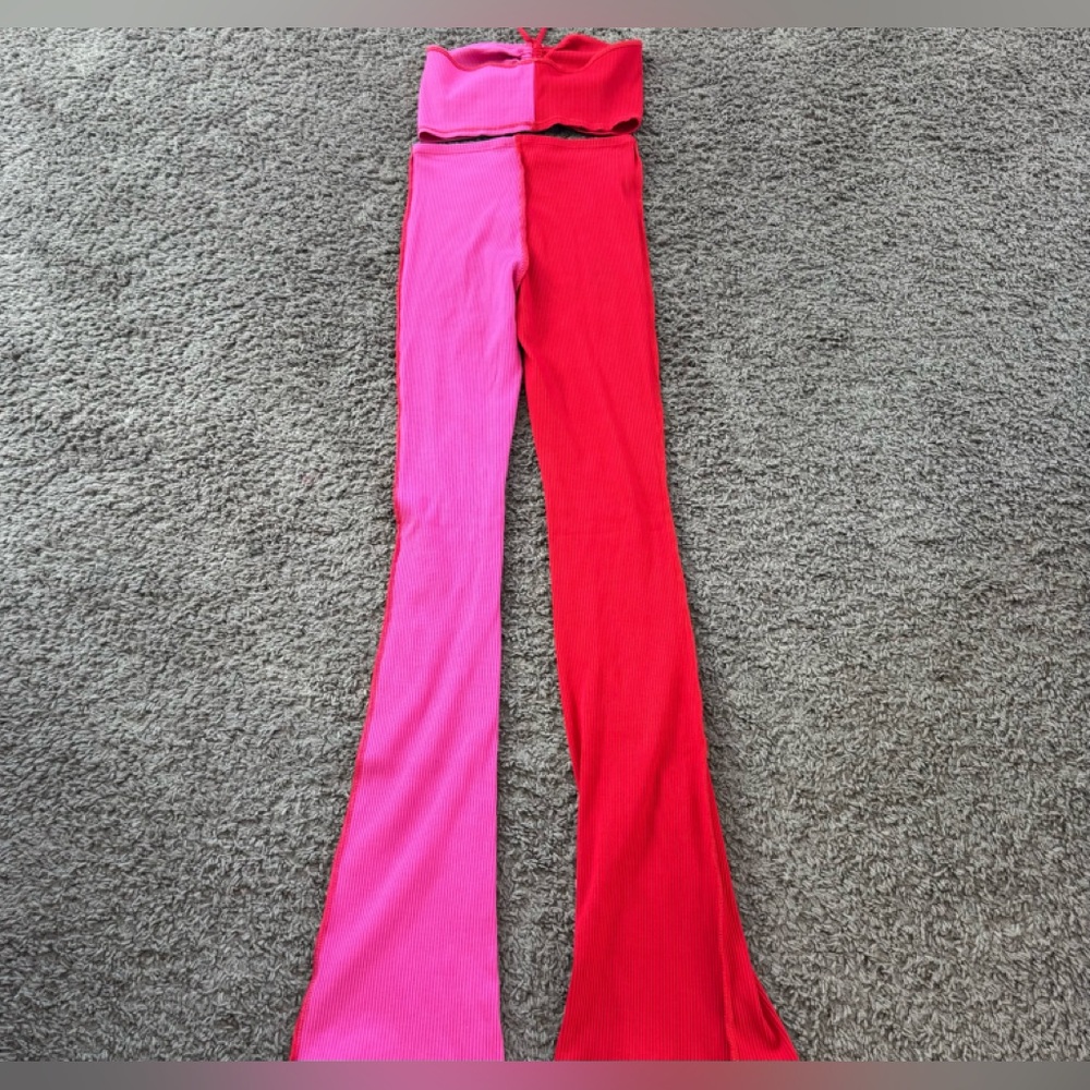 Naked Wardrobe Set Outfit Red Pink Crop Top Flare Leggings Colorblock Tall S - Picture 2 of 10